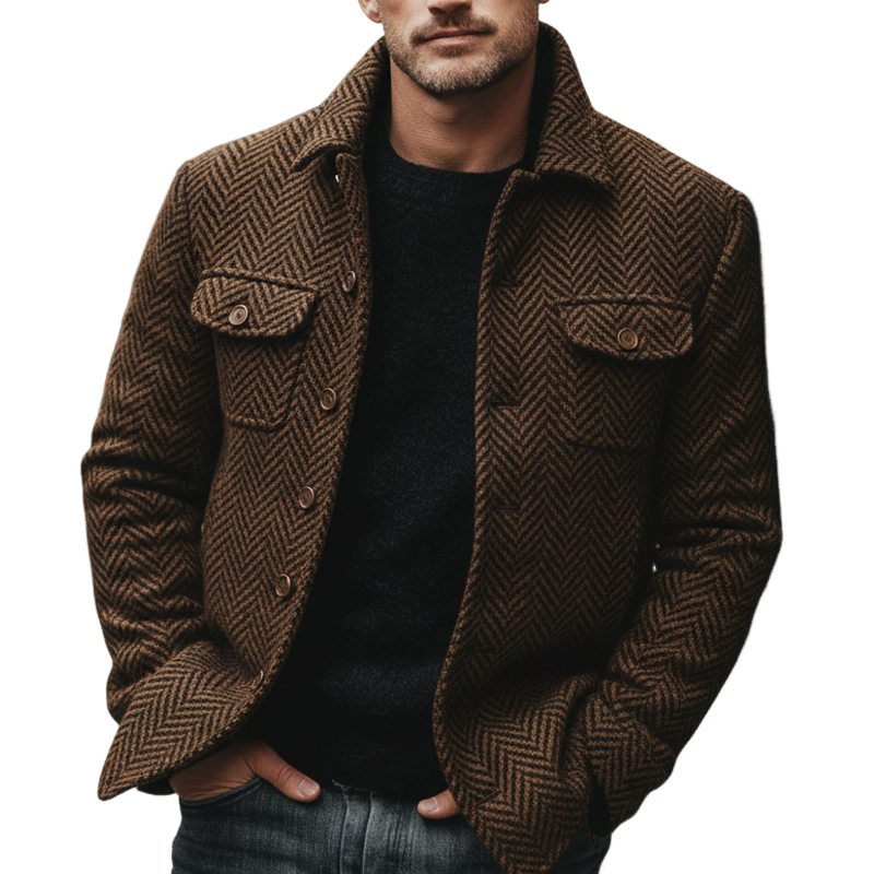 Men's Retro Brown Classic Herringbone Lapel Faux Wool Jacket MTA3171J1U