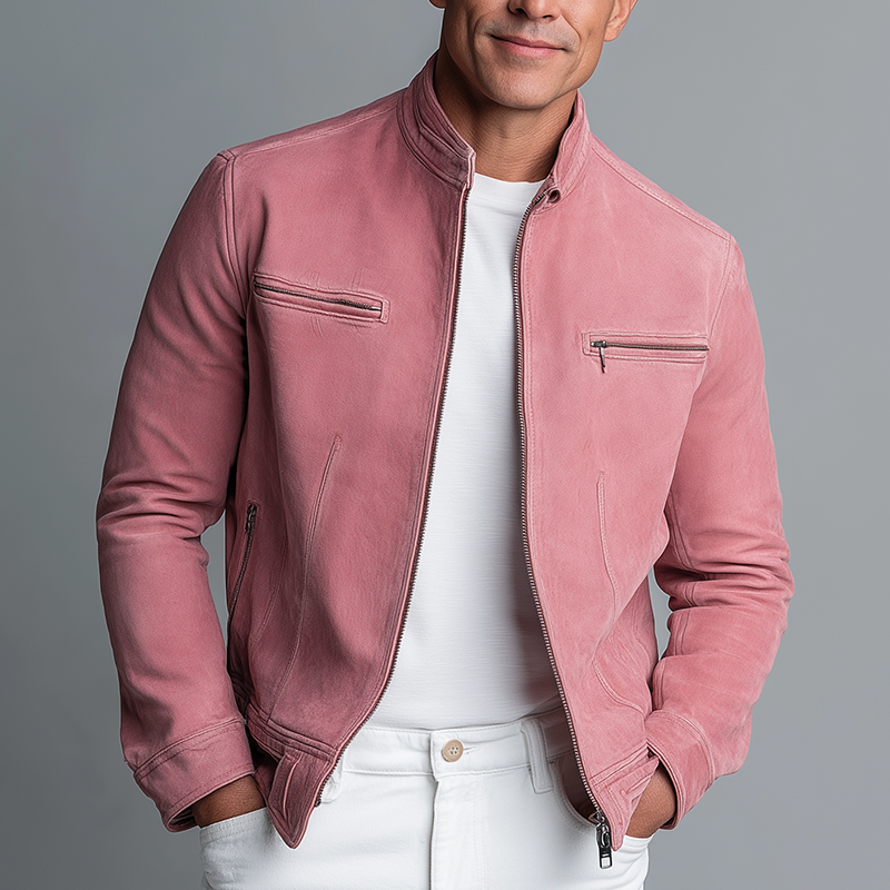 Men's Solid Faux Suede Vintage Baseball Jacket MTA2787H0P
