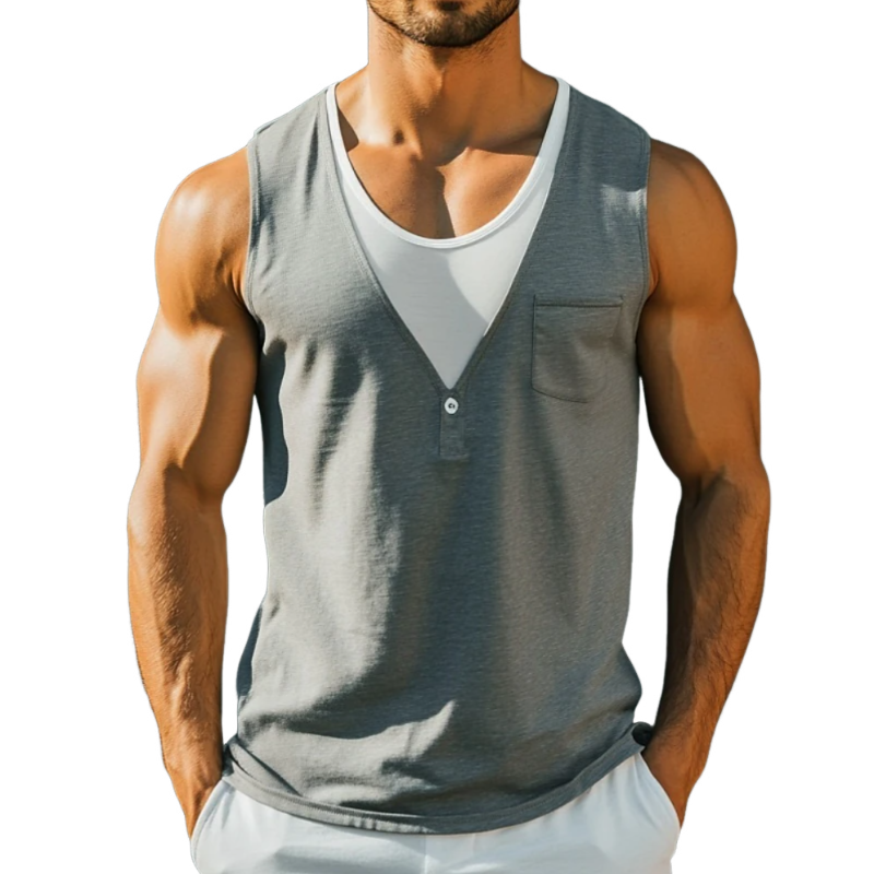 Men's Casual Contrast Color Breathable Cotton Patchwork Round Neck Patch Pocket Slim Fit Tank Top MTA0689E5M