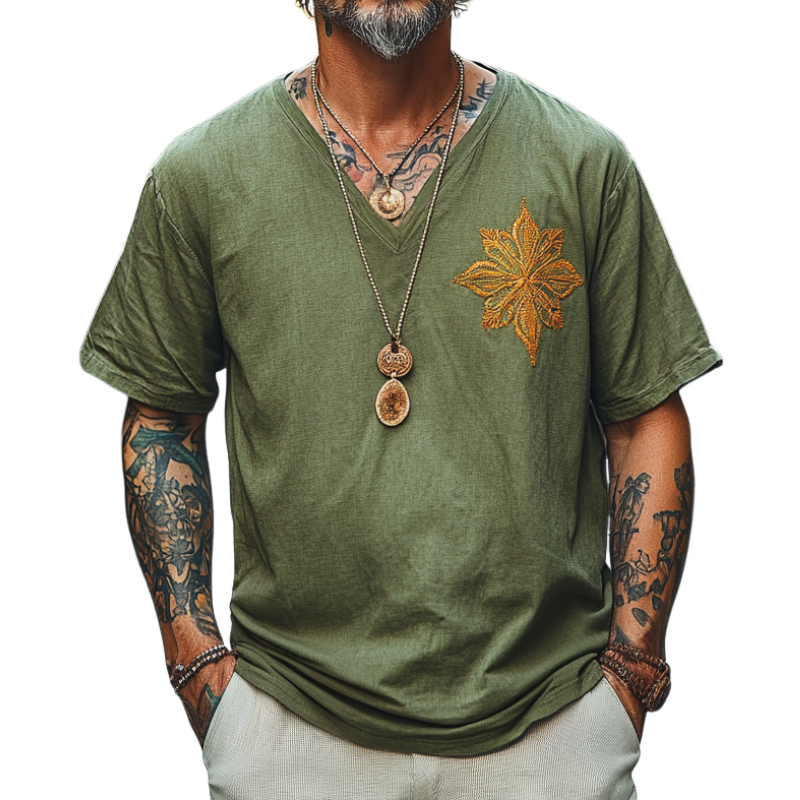 Men's Casual Vintage V-neck Cotton Blend Embroidered Short-sleeved T-shirt 79755165F