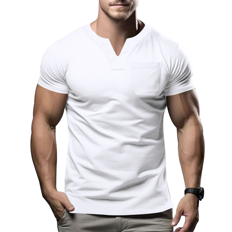 Men's Classic Casual Slim Fit V-Neck Pocket Cotton Short Sleeve T-Shirt 76237574K