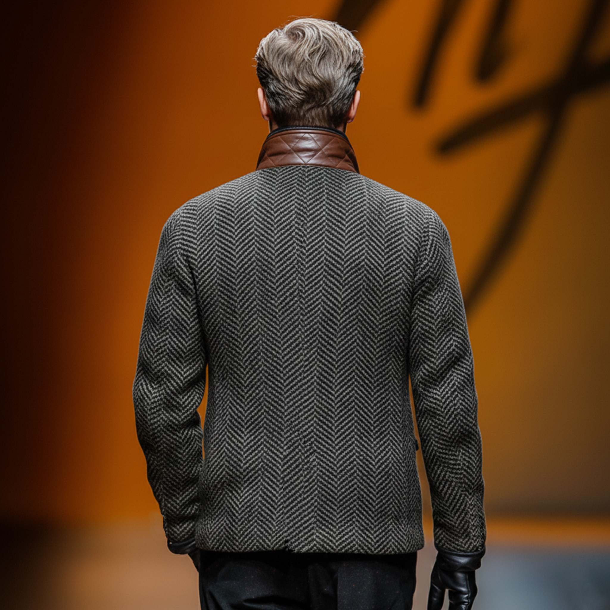 Men's Classic Retro Stand Collar Faux Herringbone Woolen Multi-pocket Jacket MTA1158J4K