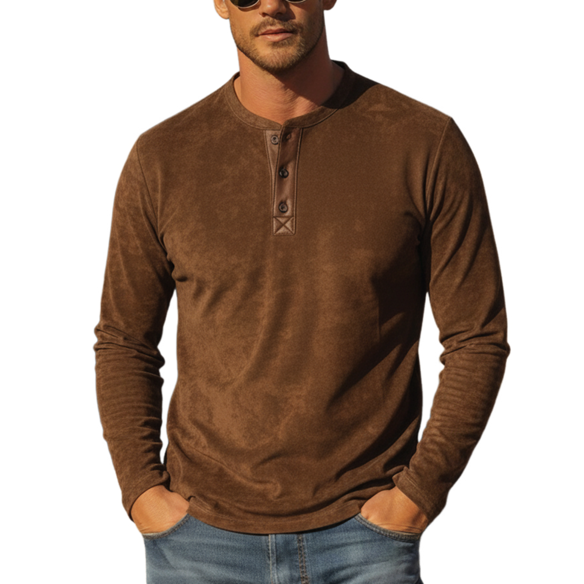Men's Classic Casual PU Leather Henley Neck Faux Suede Long-Sleeved T-Shirt MTA2996L0K