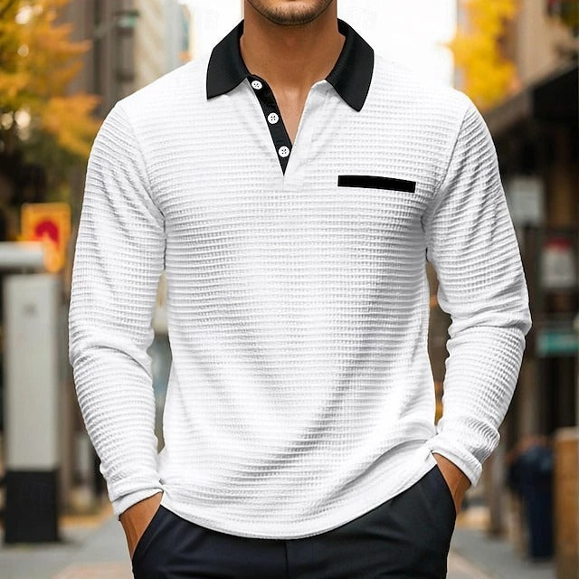 Men's Contrasting Waffle Texture Long-sleeved POLO Shirt MTA1323H3X