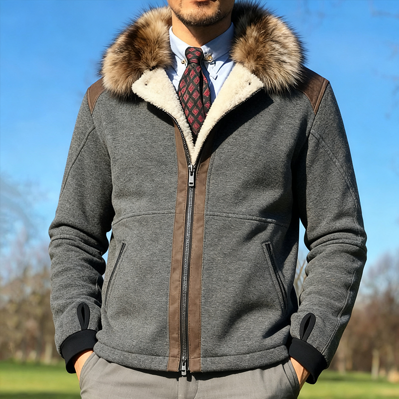 Men's Retro Casual Fur Collar Zippered Fleece Jacket MTA1661J7TO