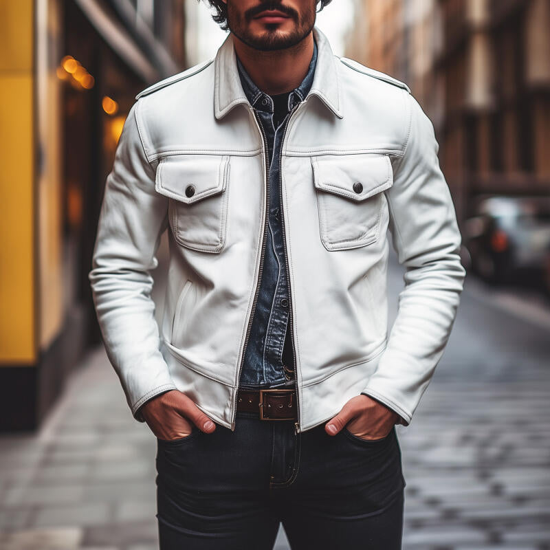 Men's Vintage Fashion Solid Color PU Lapel Zipper Placket Flap Chest Pocket Slim Fit Motorcycle Jacket MTA2766H0M