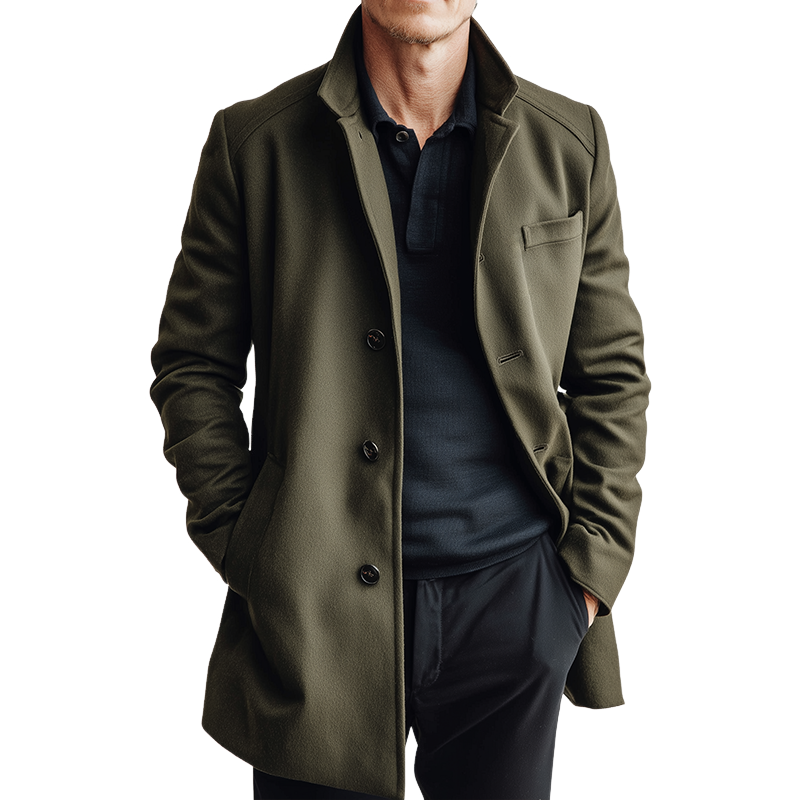 Men's Retro Casual Solid Color Mid-Length Button Stand Collar Coat MTA2425I4TO