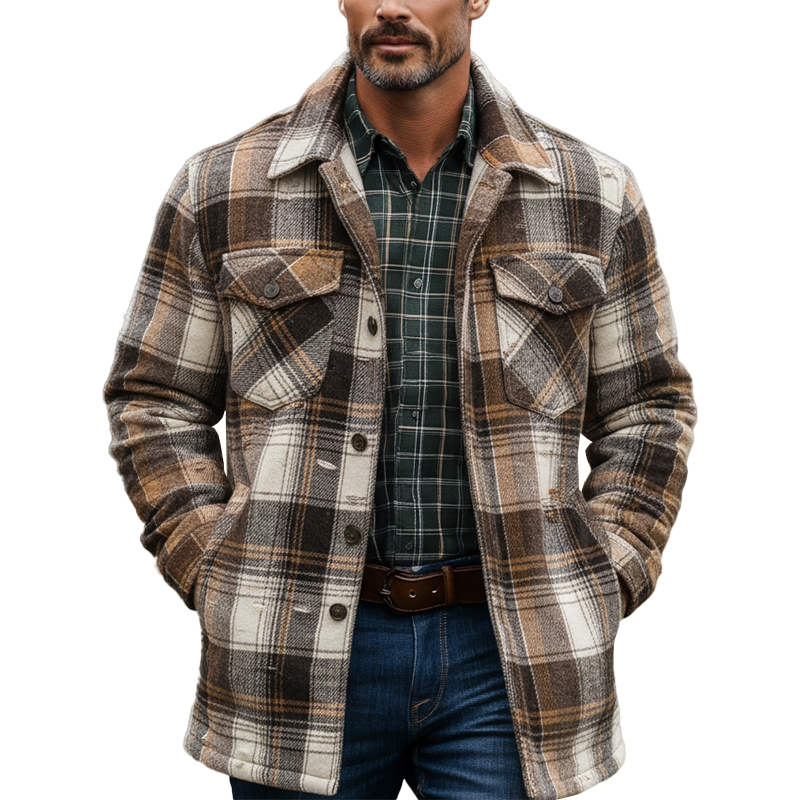 Men's Winter Retro Distressed Plaid Button Coat MTA1002K6P