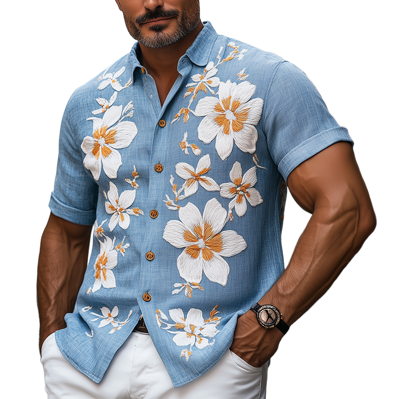 Men's Spring And Summer Casual Sicily Style Flower Three-dimensional Towel Embroidery Lapel Cotton And Linen Short-sleeved Shirt MTA1077F6K