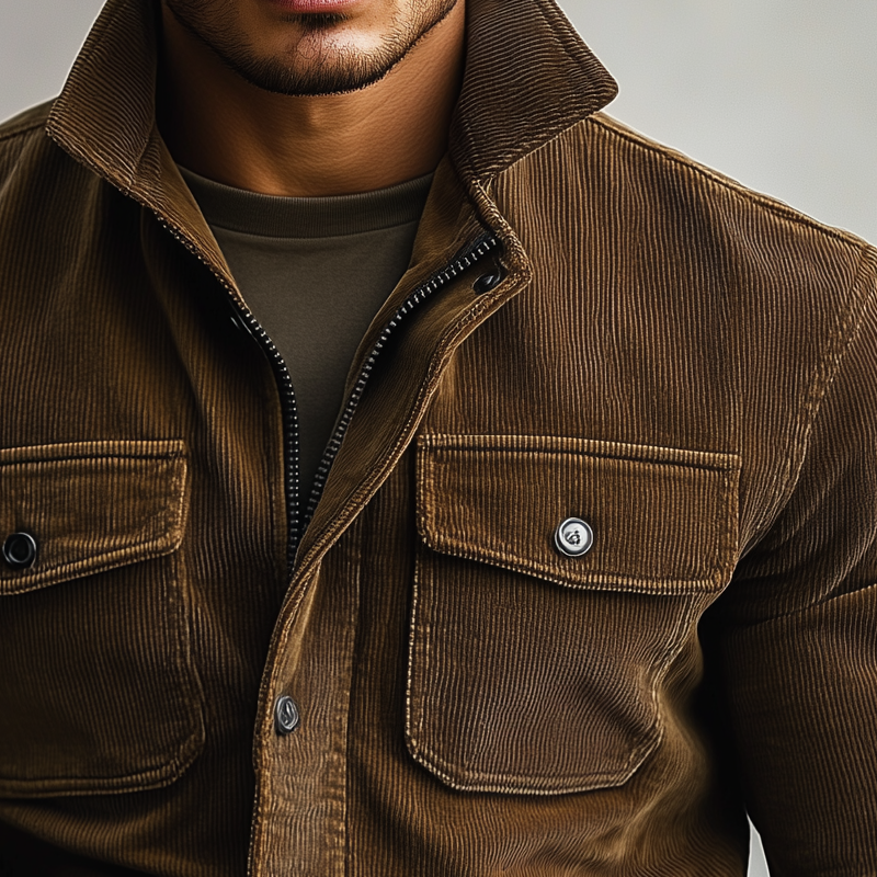 Men's Vintage Solid Color Stand Collar Corduroy Multi-Pocket Jacket MTA2853H2X
