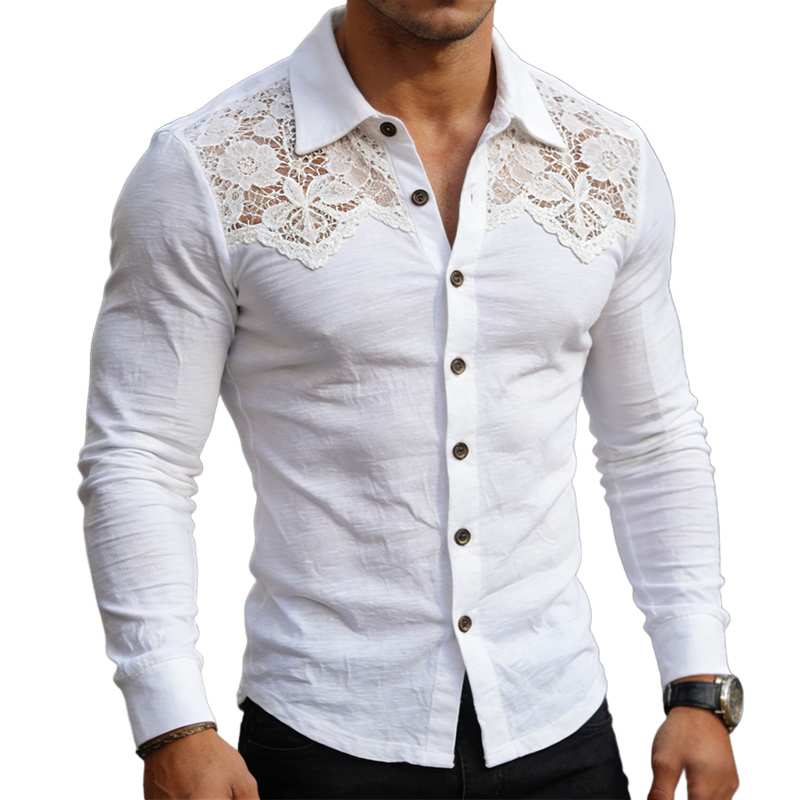 Men's Retro Casual Lace-Trimmed Cotton Collar Long-Sleeve Shirt MTA2329L9TO