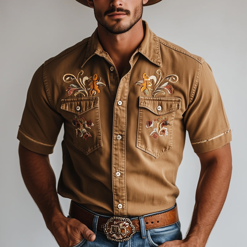 Men's Western Cowboy Style Vintage Embroidered Denim Short Sleeve Shirt MTA0967E6U