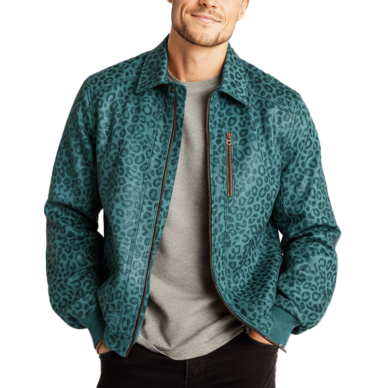 Men's Retro Glossy Suede Leopard Print PU Leather Jacket MTA3036I3P