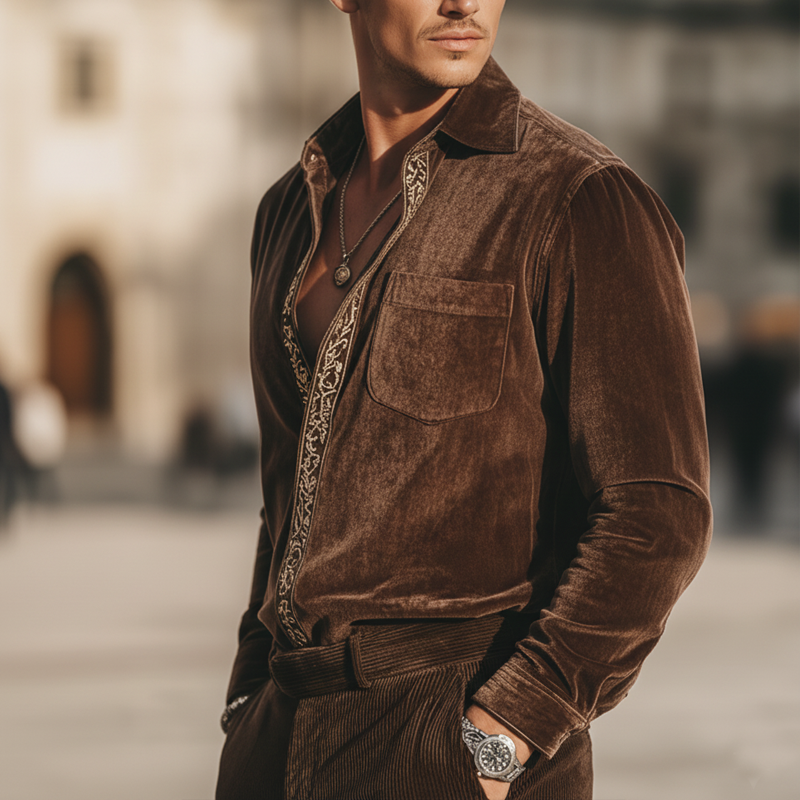 Men's Classic Retro Embroidered Velvet Concealed Button Long-sleeved Shirt MTA2327L3U