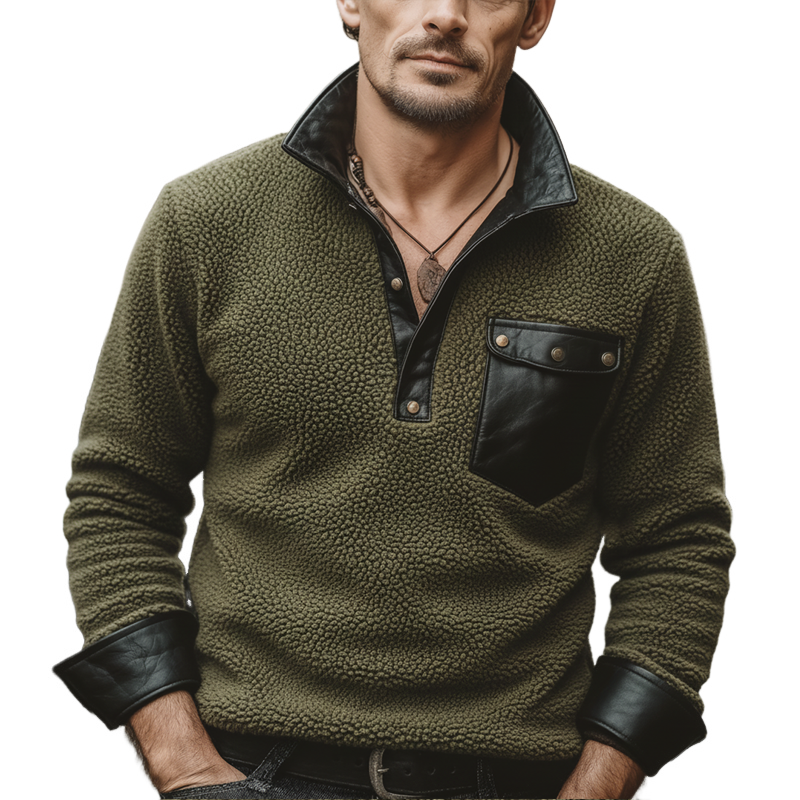 Men's Vintage Polar Fleece And PU Leather Stand Collar Sweatshirt MTA1732J7U