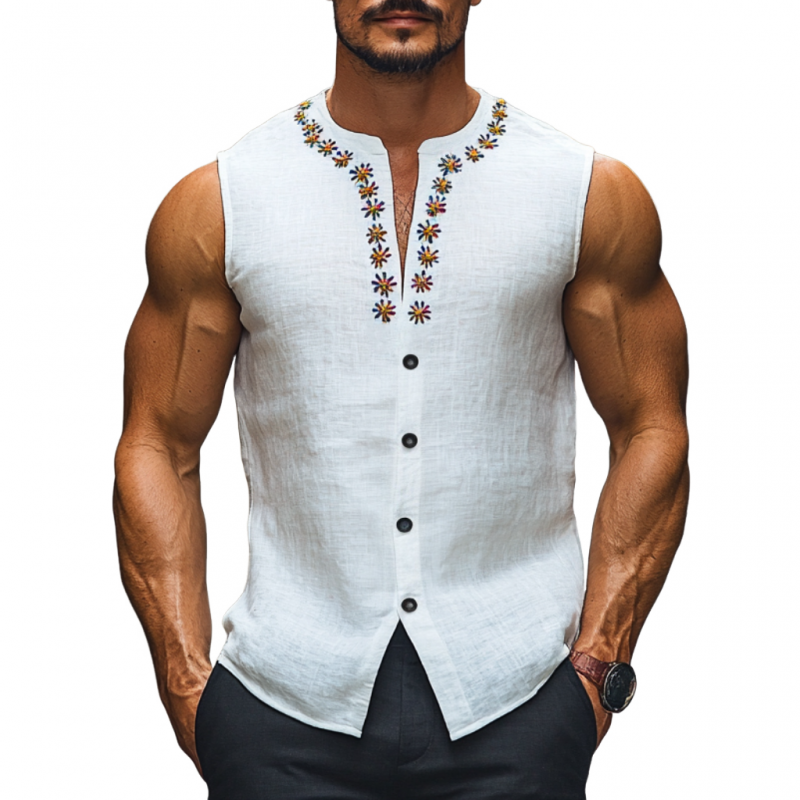Men's Casual Daisy Embroidery Breathable Linen Round Neck Slim Fit Sleeveless Shirt MTA0904E2M
