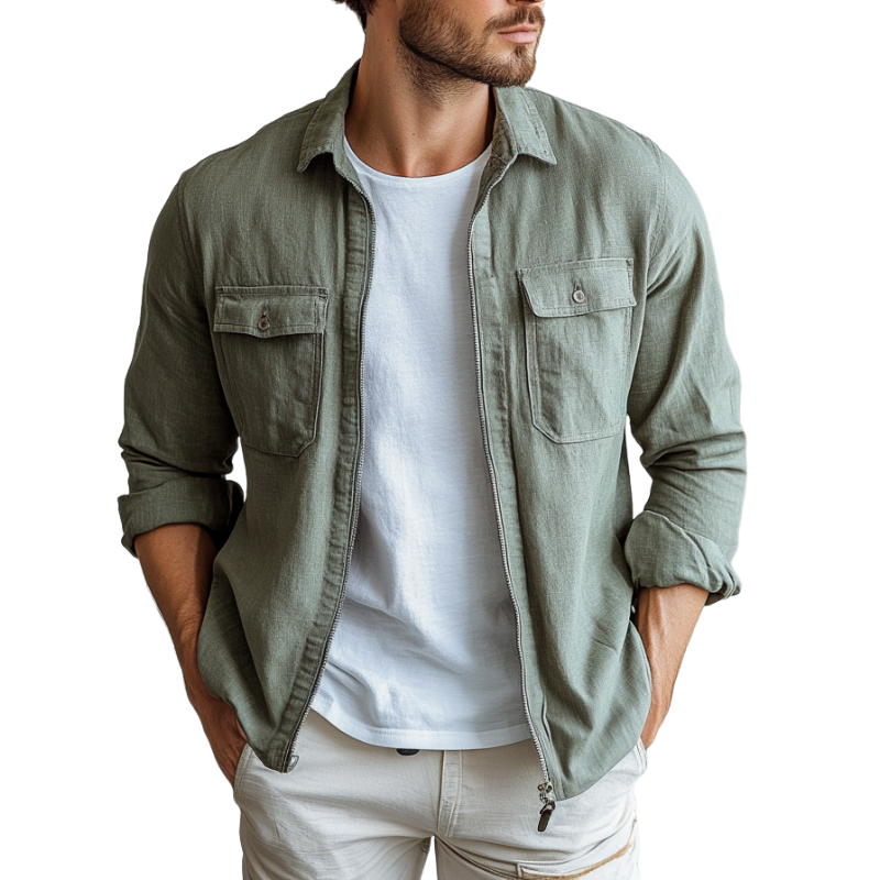 Men's Casual Breathable Linen Blended Lapel Chest Pocket Zipper Placket Long Sleeve Shirt MTA0682E6M