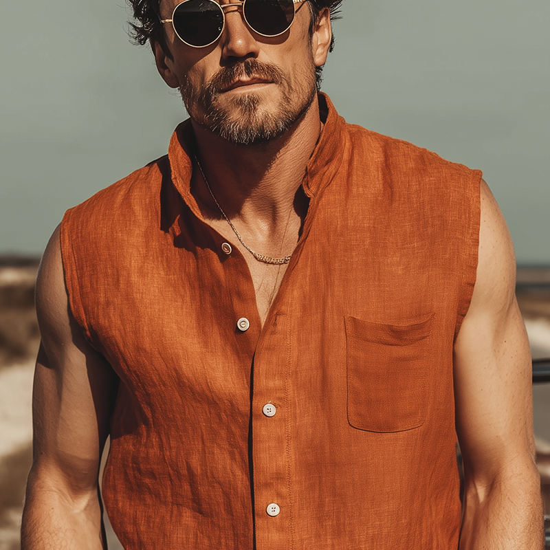 Men's Classic Casual Tencel Cotton Linen Stand Collar Sleeveless Shirt MTA0332G9K