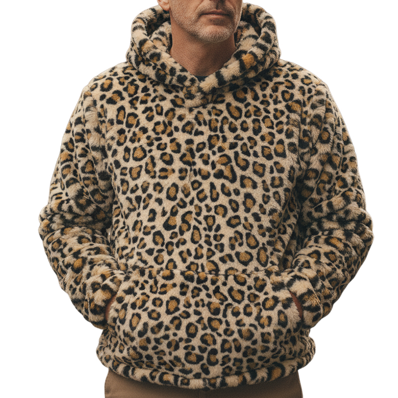 Men's Retro Casual Street Style Warm Leopard Print Plush Hoodie MTA2443I1TO