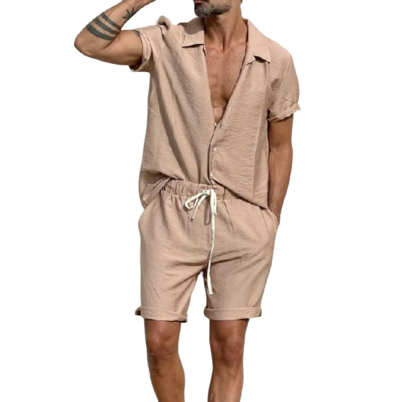 Men's Casual Cotton Linen Lapel Loose Short-sleeved Shirt Elastic Waist Shorts Set 28506232M