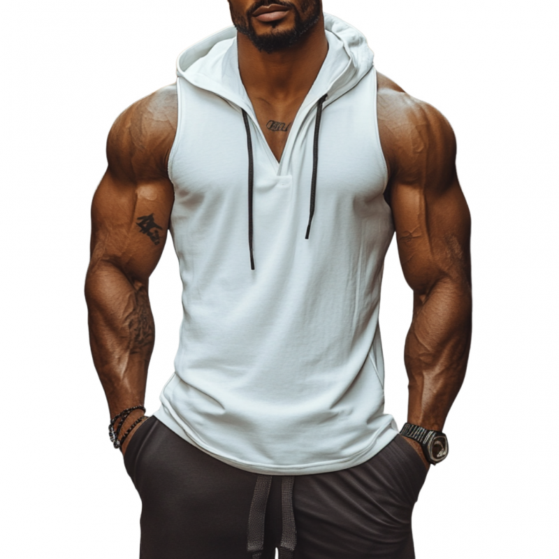 Men's Casual Soft Solid Color Cotton V-Neck Slim Fit Hooded Tank Top MTA2971D1M