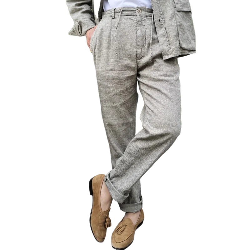 Men's Fashion Cotton And Linen Drawstring Waist Suit Pants MTA1325E3Z