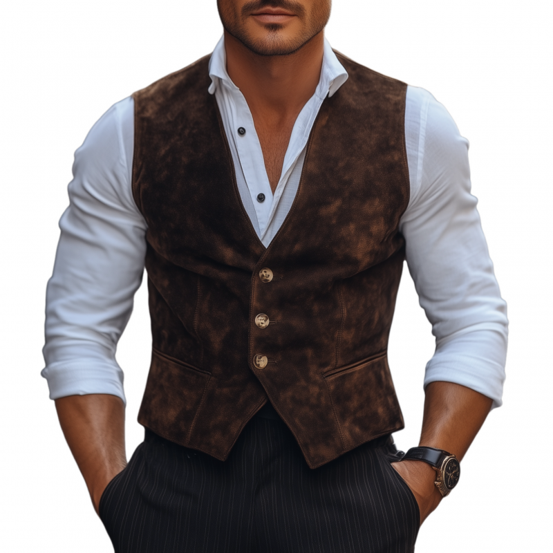 Men's Vintage Elegant Faux Suede V-Neck Single-Breasted Slim Fit Suit Vest MTA2445G5M