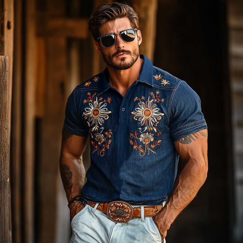 Herrepoloskjorte i vestlig stil med broderi i denim med korte ermer MTA1002F6Y