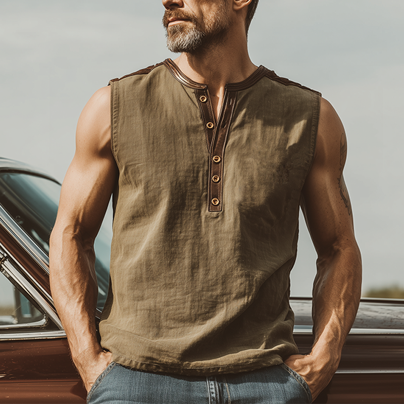 Men's Classic Casual Linen Stitching PU Leather Henley Collar Tank Top MTA0332G4K