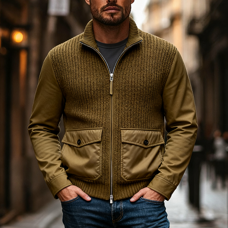 Men's Retro Casual Stitching Stand Collar Zipper Knit Cardigan MTA2061J4X