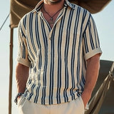 Men's Striped Lapel V-Neck Short Sleeve Shirt 27407407Y