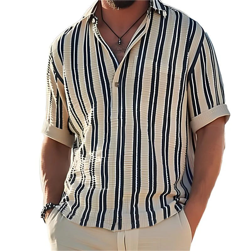 Men's Striped Lapel V-Neck Short Sleeve Shirt 27407407Y