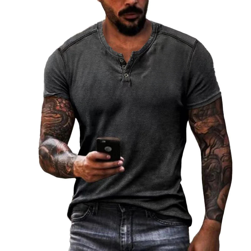 【Envío en 24 horas】Camiseta de manga corta con cuello Henley de color liso informal para hombre 55722222Y