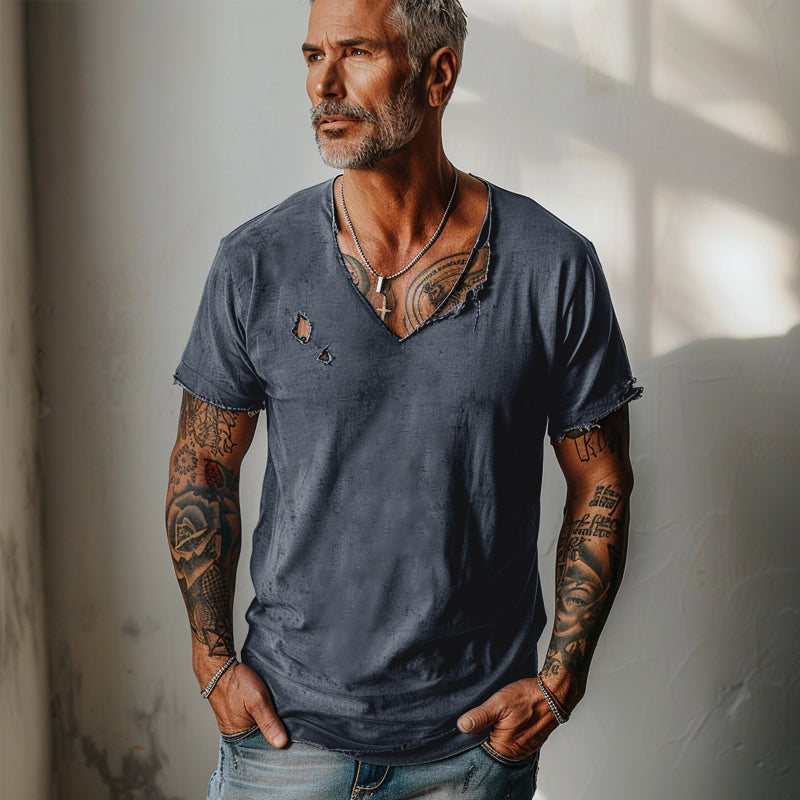 【24-hour shipping】Men's Distressed Ripped Raw Edge V-Neck Short-Sleeved T-Shirt 83736876Y