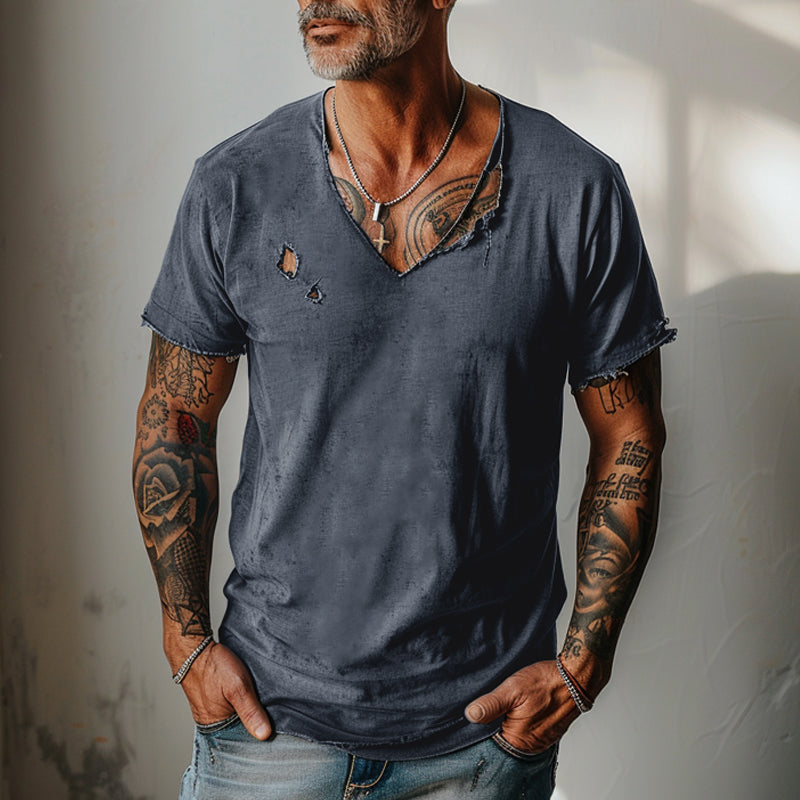 【24-hour shipping】Men's Distressed Ripped Raw Edge V-Neck Short-Sleeved T-Shirt 83736876Y