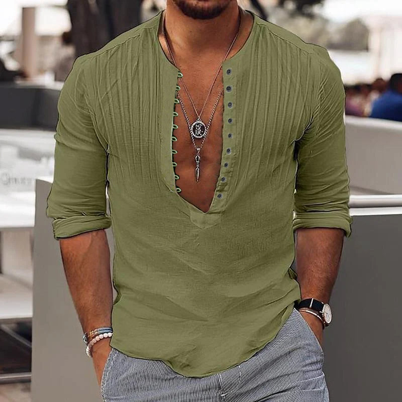 Men's Casual Solid Color Pleated Button Round Neck Long Sleeve Shirt 64515779Y