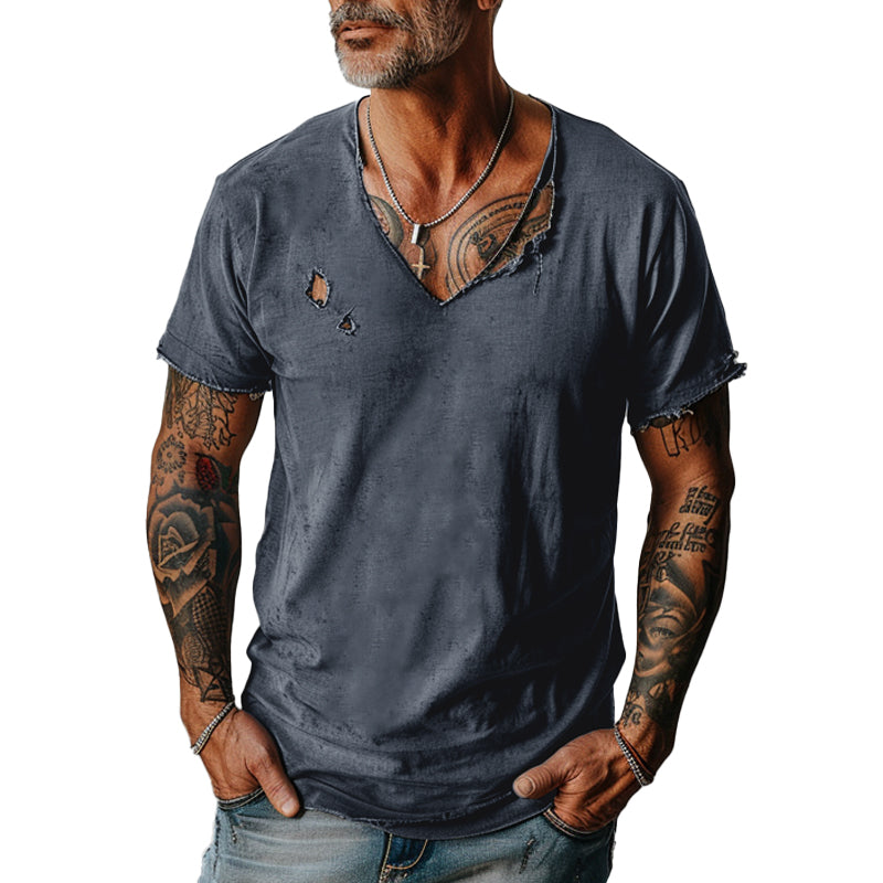 【24-Stunden-Versand】 Herren-T-Shirt mit V-Ausschnitt und zerrissenen Kanten im Used-Look, kurzärmelig, 83736876Y