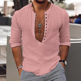 Men's Casual Solid Color Pleated Button Round Neck Long Sleeve Shirt 64515779Y