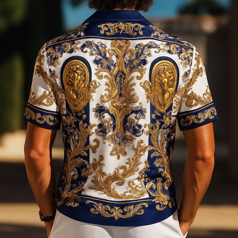 Men's Retro Luxury Palace Style Printed Satin Lapel Short Sleeve Shirt MTA1655D3TO