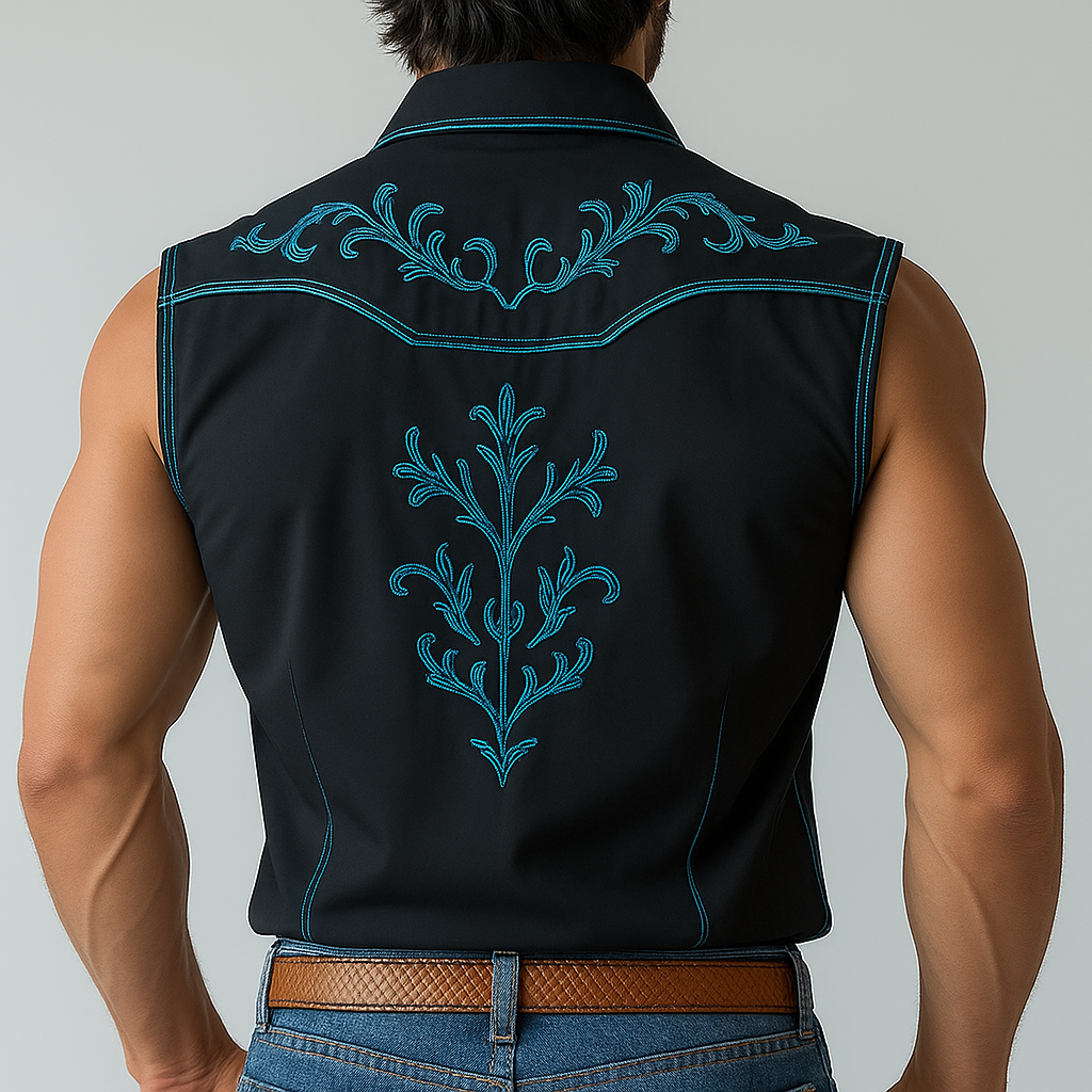 Men's Summer Western Cowboy Style Embroidered Cotton Blended Sleeveless Shirt MTA1404E4P