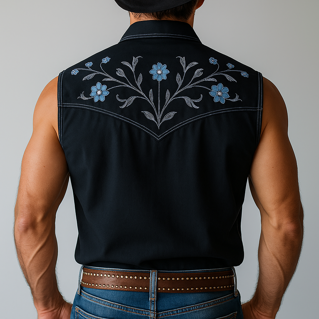 Men's Summer Western Cowboy Style Embroidered Cotton Blended Sleeveless Shirt MTA1480E0P