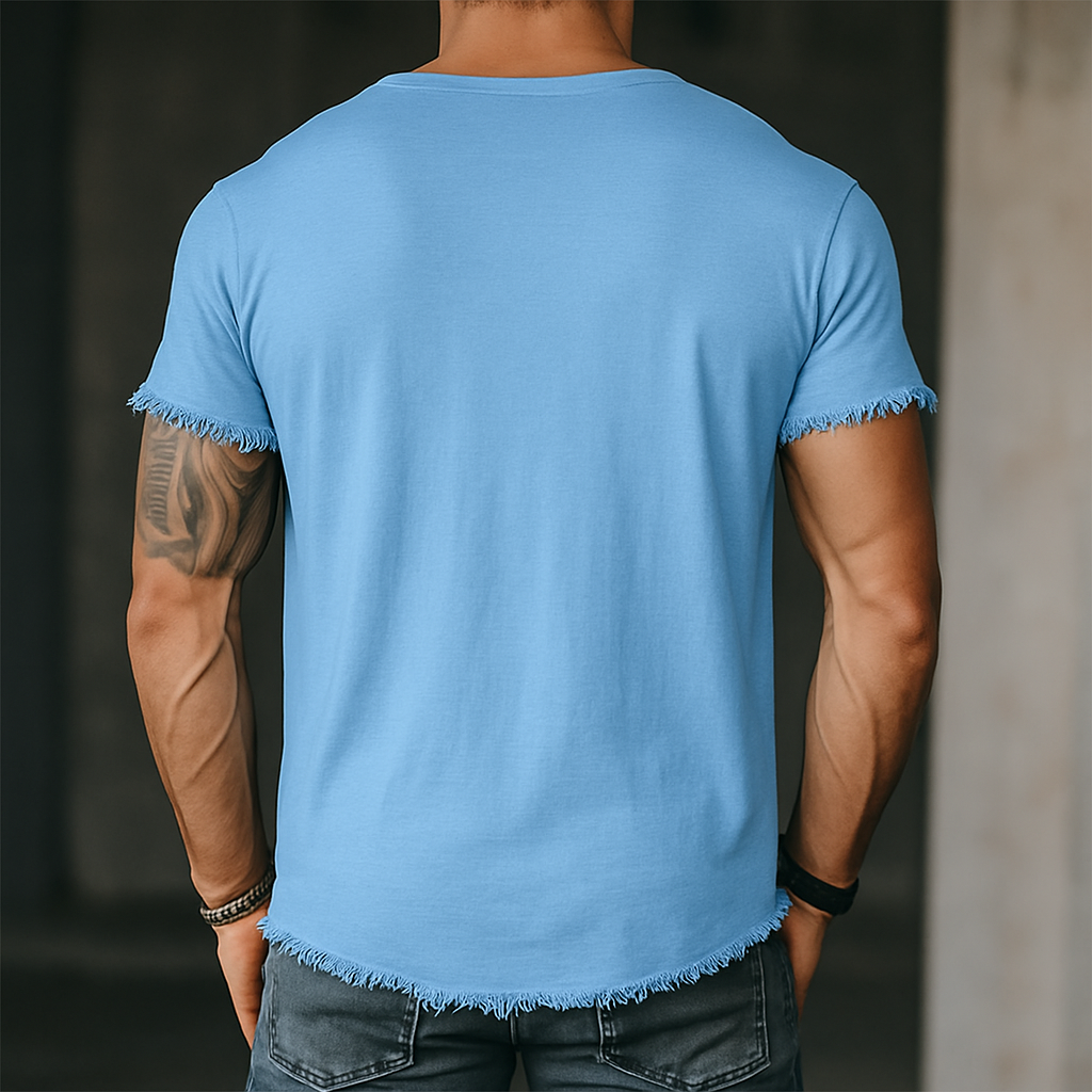 Men's Retro Casual Solid Color Linen Raw Edge V-Neck Short Sleeve T-Shirt MTA2561F2TO