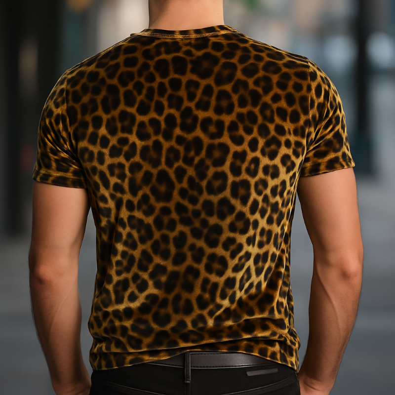 Men's Velour Retro Casual Leopard Print Round Neck Short Sleeve T-Shirt MTA0785G8TO