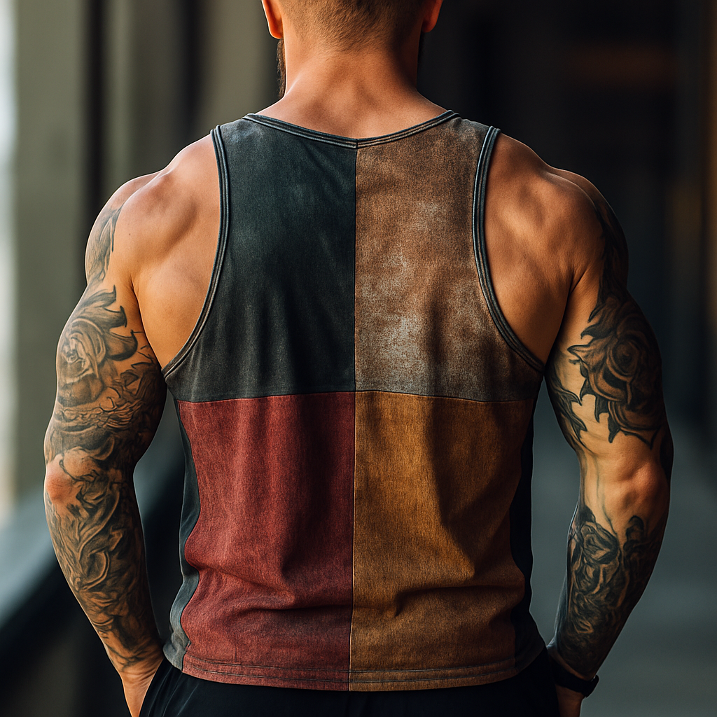 Men's Vintage Color Block Print Crew Neck Vest Top MTA0825E4X