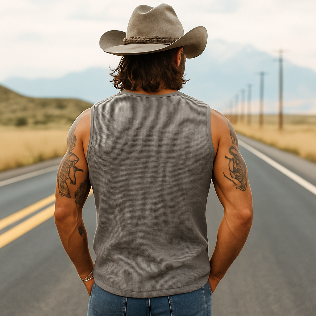 Men's Casual Classic American Western Tough Guy Style Knitted Waffle Deep V-neck Zipper Slim Tank Top MTA2861E7K