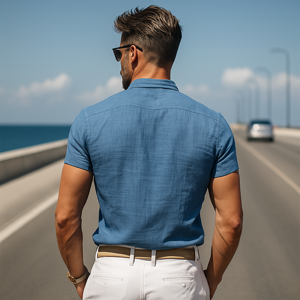 Men's Spring And Summer Fashion Casual Cotton Blend Stand Collar Slim Fit Wooden Button Short Sleeve Shirt MTA2095E7K