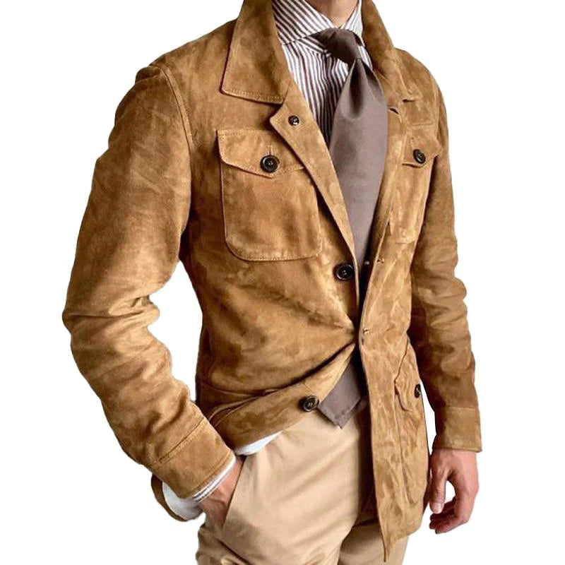 Men's Vintage Solid Suede Lapel Multi-Pocket Jacket 68521048Y
