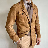 Men's Vintage Solid Suede Lapel Multi-Pocket Jacket 68521048Y
