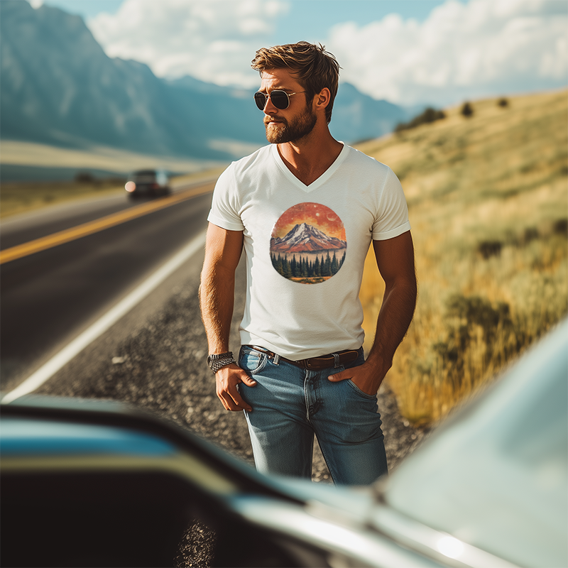 Men's American Retro Yellowstone Park Series Printed V-Neck Cotton T-Shirt 79461017K