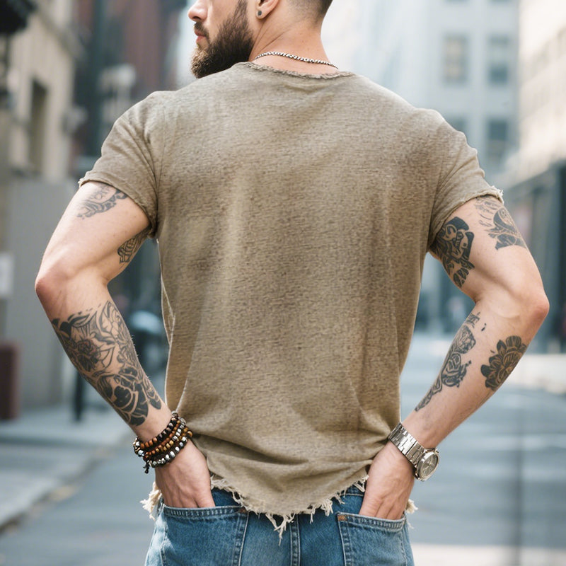 Men's Retro Casual Raw Edge Ripped Round Neck Short Sleeve T-Shirt MTA2587D5TO